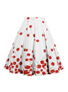 Vintage Retro Casual Knee Length High Waisted A-Line Cherry Print Pleated Flare Skirt