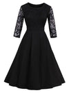 3/4 Sleeved Round Neck Floral Lace Cocktail Party Pleated Dress Main View