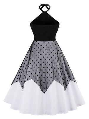 50s Vintage Backless High Waist Patchwork Black And White Polka Dot Cocktail Party Dress Back View