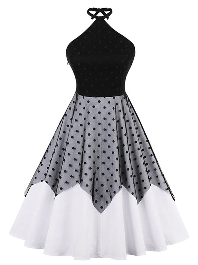 Womens Elegant Fit and Flare Patchwork Black And White Polka Dot Sundress Detail View