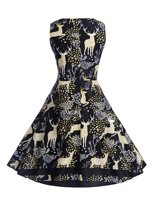 Yellow Elegant Reindeer Print Printed Fit and Flared Christmas Party Dress for Women Back View