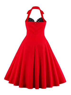 Vintage Style Polka Dot Print Rockabilly Swing Dress with Halter Collar