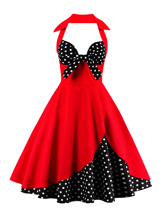 Vintage Style Polka Dot Print Rockabilly Swing Dress with Halter Collar