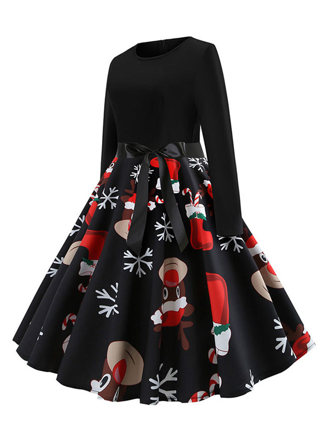 Black Vintage Christmas Snowflake PinUp Knee Length Dress for Women Side View