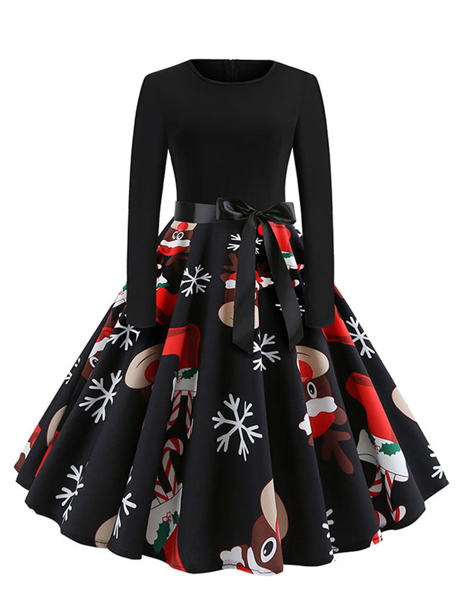 Black Vintage Christmas Snowflake PinUp Knee Length Dress for Women Side View
