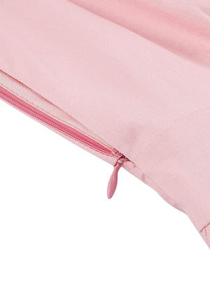 Women Pink Fit and Flare Tea Length Pleated Audrey Hepburn Style Dress Detail View