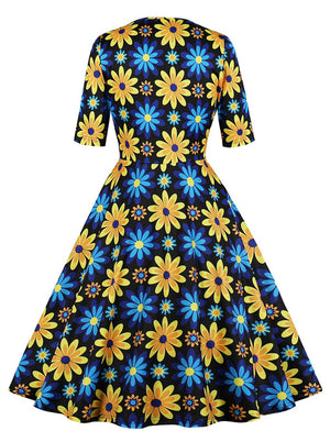 Elegant Cocktail Party Yellow and Blue Floral Print  Fit Flare Round Neck Dress Back View