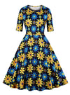 Vintage 1950s Floral Half Sleeve Round Neck Knee Length Cocktail Swing Dress