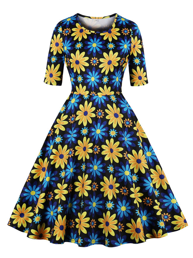 Elegant Cocktail Party Yellow and Blue Floral Print  Fit Flare Round Neck Dress Back View