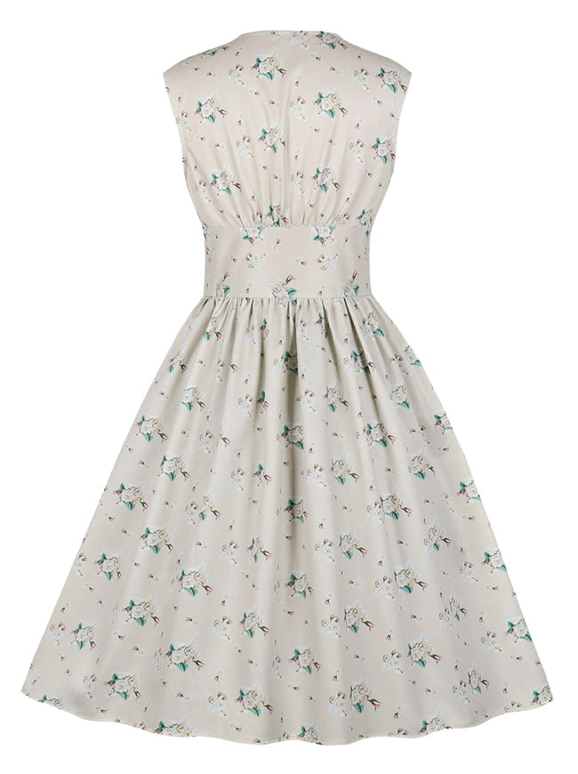 Fit and Flare Floral Buttons Vintage V-Neck Sleeveless Knee Length High Waist Casual Tea Dress Back View