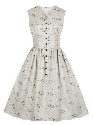 Women's 1950s Vintage Floral Printed V Neck Sleeveless Swing Dress