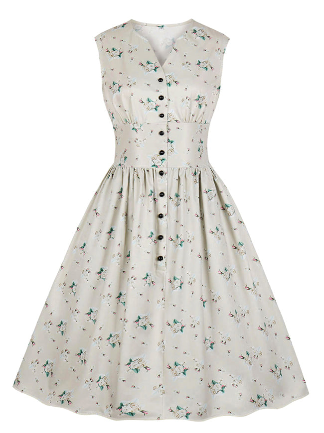 Slim Fit Wedding Vintage Retro Tea Apricot Floral Button Up Classic Midi Dress for Women Detail View
