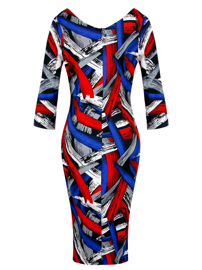 Multi Color Print Elegant Long Sleeve Slim Fitting Wear to Work Business Bodycon Pencil Dress Back View