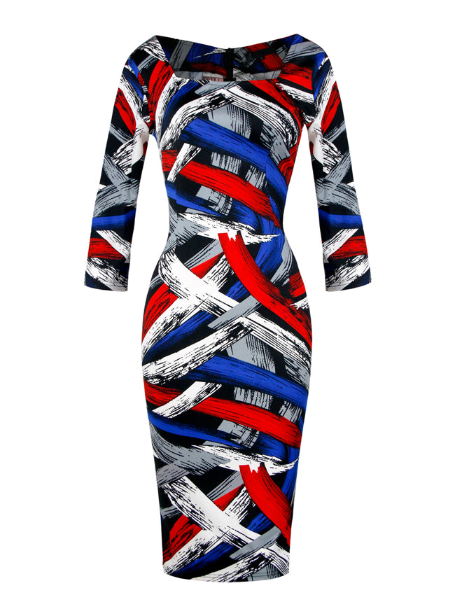 Multi Color Print Elegant Long Sleeve Slim Fitting Wear to Work Business Bodycon Pencil Dress Back View