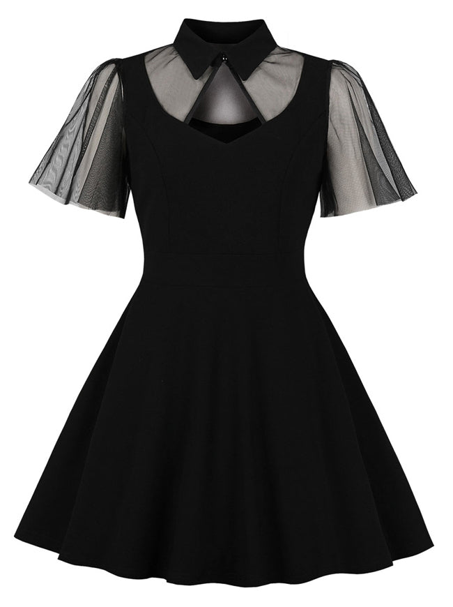 Black Sexy Mesh Cut-Out A-line Flared Skater Mini Skirt Halloween Party Dress Back View