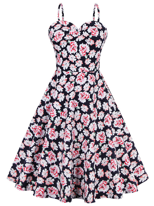 Vintage Floral Printed Casual Summer Swing Dress with Straps Main View