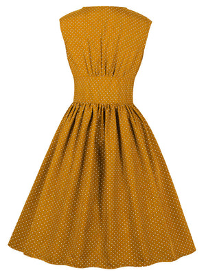Yellow Scratchy Split Neck Floral Button 1940s Day 1950s Vintage Tea Dress Back View