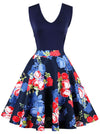 Vintage Rose Floral Print V Neck Sleeveless Cocktail Swing Dresses