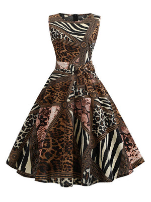 1950S Retro Sleeveless Leopard Pinup Pleated Formal Swing Dress