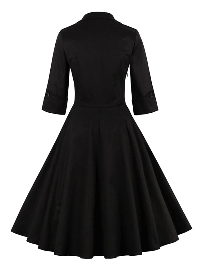 Fashionable Black Half Sleeved Fit Flare Vintage Business Office Patchwork Midi Dress for Women Back View
