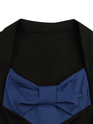 Retro Style Dark Blue Turn Down Collar Decor Bow-knots  Full Circle Flare Style High Waist Dress for Women Detail View