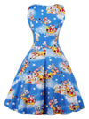Lovely Santa Claus Printed Fit and Flare Going Out Dress Blue for Women Back View
