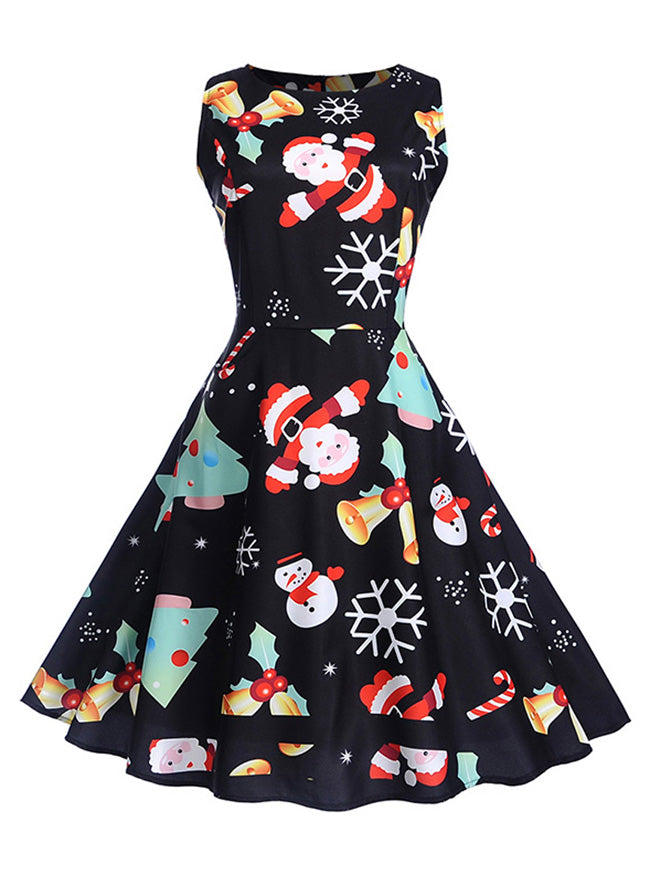 Elegant Black Xmas Candy Printed Fit and Flared Halloween Party Dress for Women Back View
