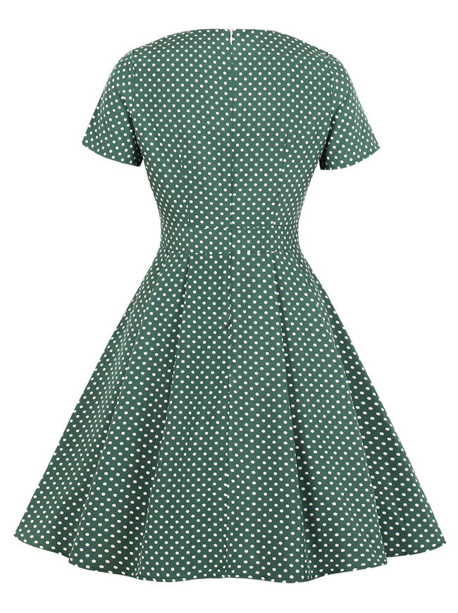 Vintage Rockabilly Prom Dark Green Square Neck Classic Polka Dots Dress Back View