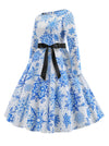 Blue Printed Spring Formal Elegant High Waist Casual Fall Tea Swing Dress for Women Side View