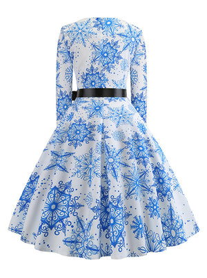 Vintage Round Neck Pin Up Style Christmas Pattern Swing Dress Light Blue with Belted Back View