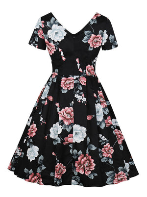 Short Sleeve V-Neck Vintage Floral Printed Cocktail Dress