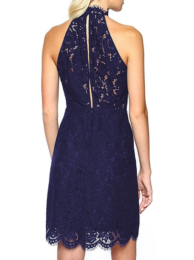 Juniors Off Shoulder Cutting out Fit and Flare Style Blue Pencil Lace Bridesmaid Dress Model Show Back View