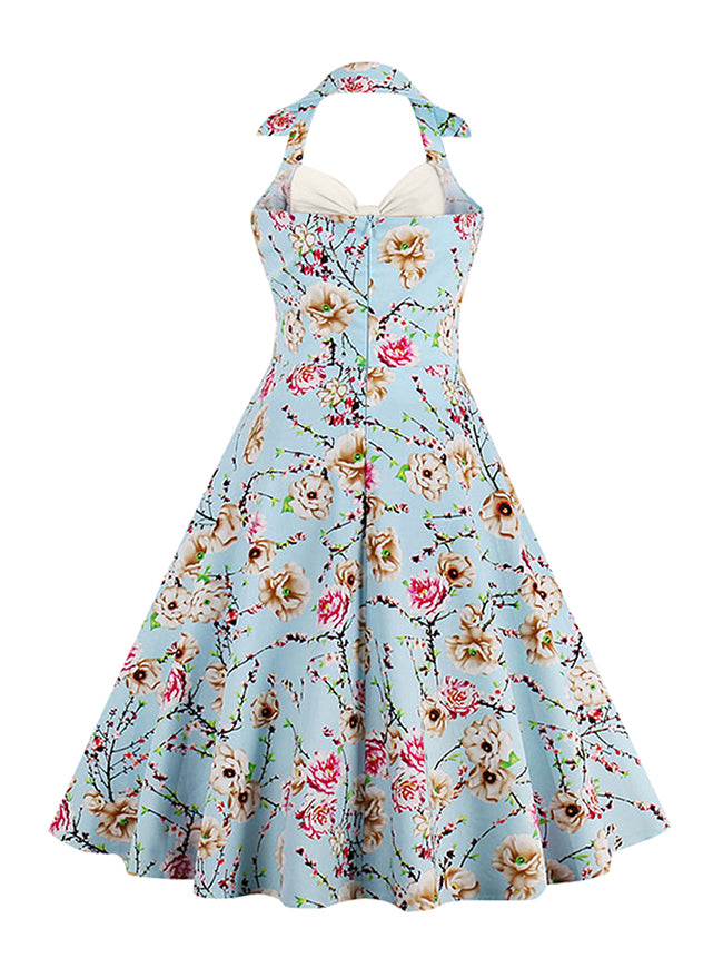 Vintage Sweetheart Floral Print Halter Casual Cocktail Party Dress