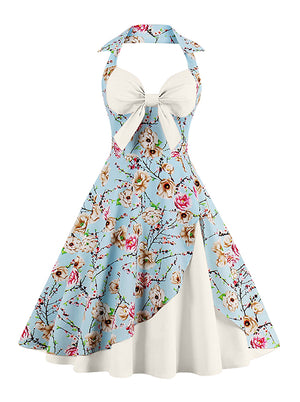 Vintage Sweetheart Floral Print Halter Casual Cocktail Party Dress