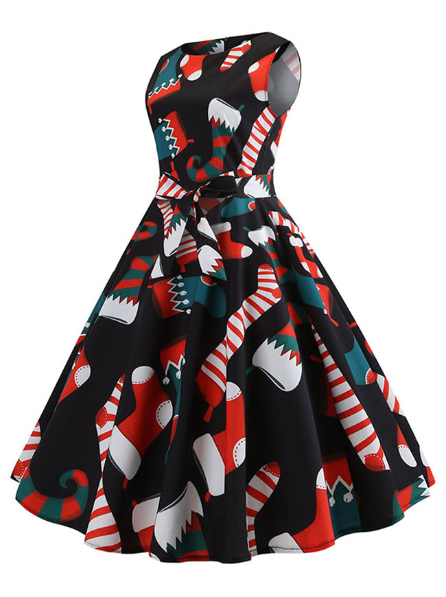 Red Evening Vintage Christmas Stocking Pattern Tea Length A-Line Bridesmaid Dress for Women Outfits Colorful Side View