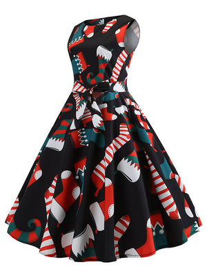 Red Evening Vintage Christmas Stocking Pattern Tea Length A-Line Bridesmaid Dress for Women Outfits Colorful Side View