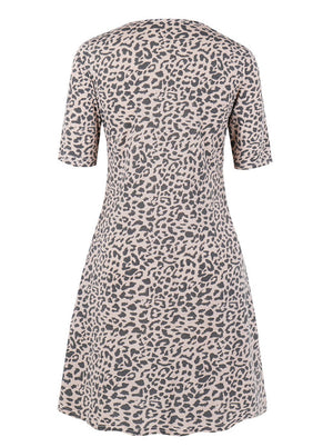 Women Juniors Casual Leopard Plain Simple T-Shirt Loose Dress Back View