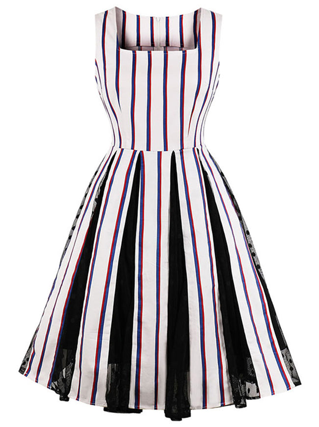 Casual Summer Sleeveless Striped Midi Vintage Swing Tea Dress Main View