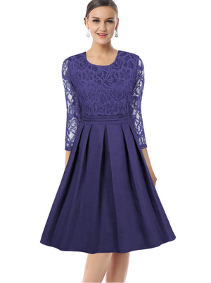 Women Blue Round Neck Empire Waist Patchwork Swing Formal Bridesmaid Dress Model Show Main View