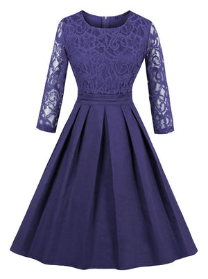 3/4 Sleeved Round Neck Floral Lace Cocktail Party Pleated Dress Main View