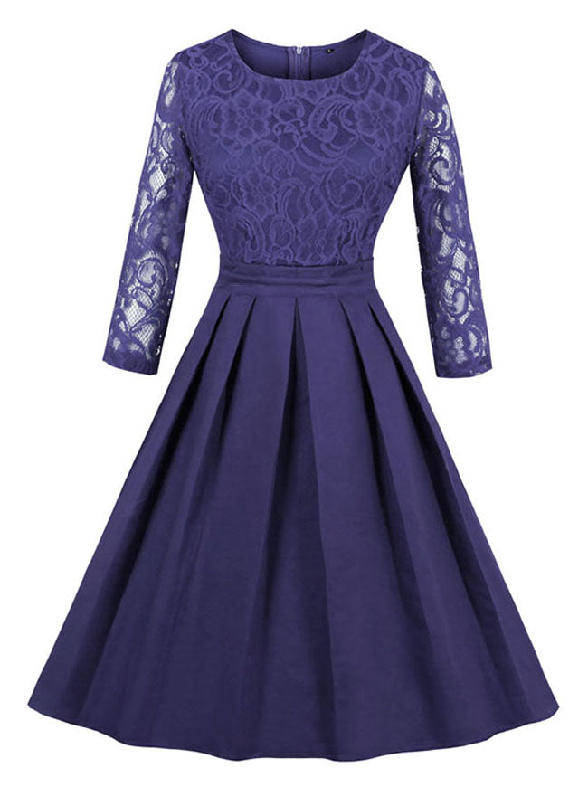 3/4 Sleeved Round Neck Floral Lace Cocktail Party Pleated Dress Main View