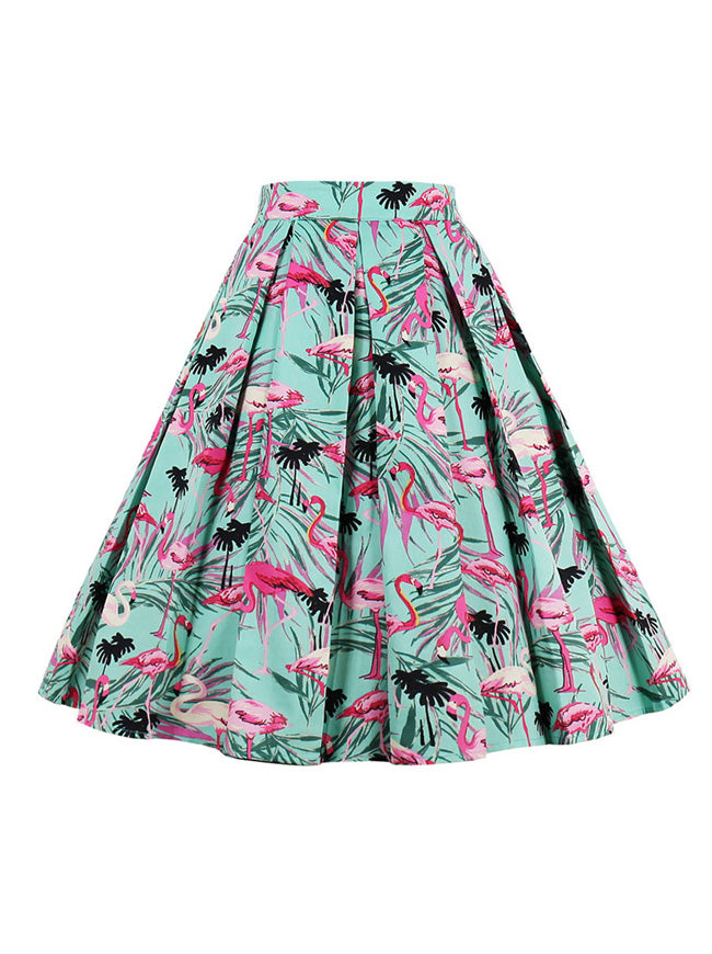 Knee Length Flamingo Leaf Print Casual Flare Pleated Skirt