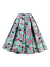 Knee Length Flamingo Leaf Print Casual Flare Pleated Skirt