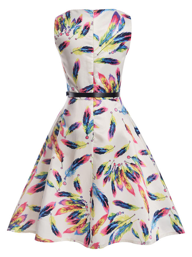 Vintage Colorful Feather Print Sleeveless Fit and Flare Style Audrey Vintage Swing Knee Length Dress with Belted for Kids Girl Back View