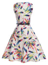 Vintage Colorful Feather Print Sleeveless Fit and Flare Style Audrey Vintage Swing Knee Length Dress with Belted for Kids Girl Back View