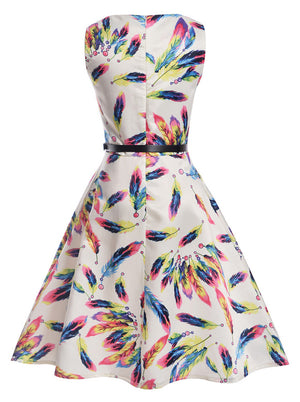 Vintage Colorful Feather Print Sleeveless Fit and Flare Style Audrey Vintage Swing Knee Length Dress with Belted for Kids Girl Back View
