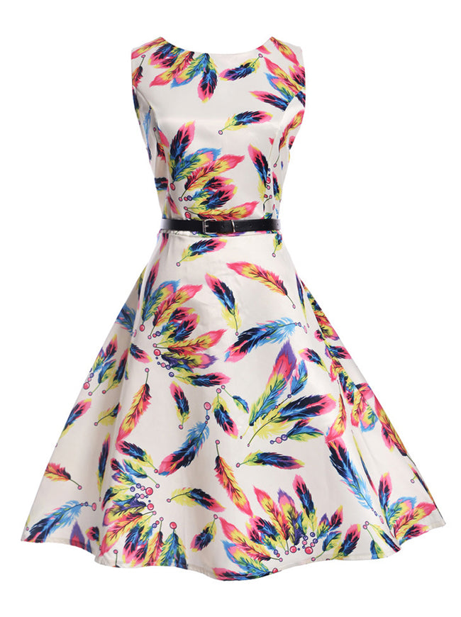 Girl's Colorful Feather Pattern Sleeveless Semi Formal Party Dress Main View