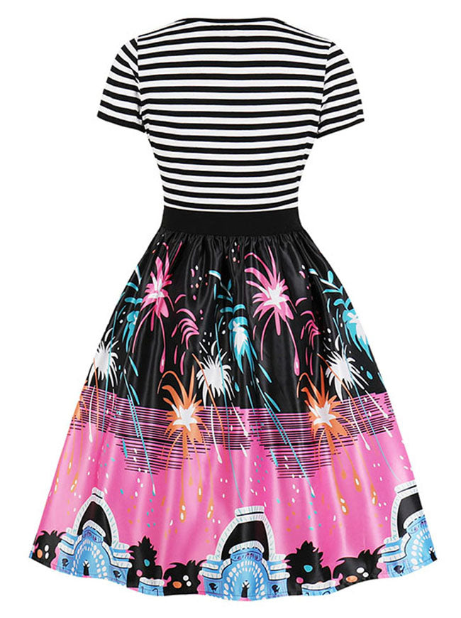 Lovely Fireworks Pattern Knee Length Striped Wear to Work Tea Length Dress for Women Detail View