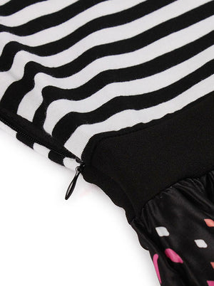 Pink Vintage Retro Black Primitive Society Pattern A-Line Swing Casual Dress for Women Detail View