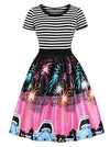 Vintage Retro Round Neck Short Sleeve Stripe Firework Pattern Swing Party Dress Main View